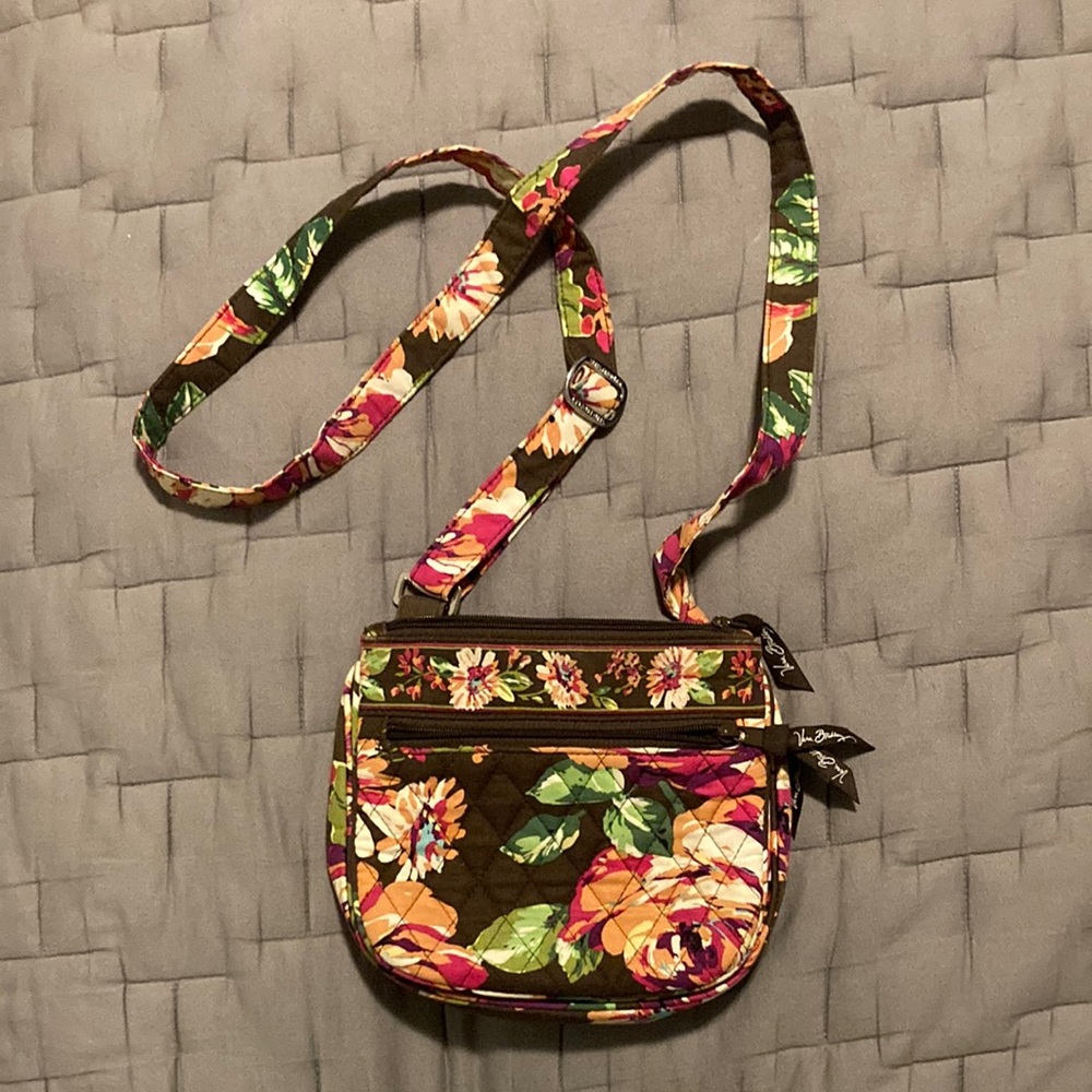 Vera Bradley Brown and Green Quilted Crossbody Bag with Adjustable Strap